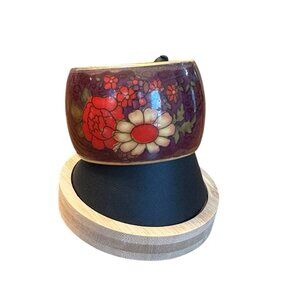 Vintage Brassy Enamel Flower Bangle Bracelet Boho Statement 2in Wide Band Red